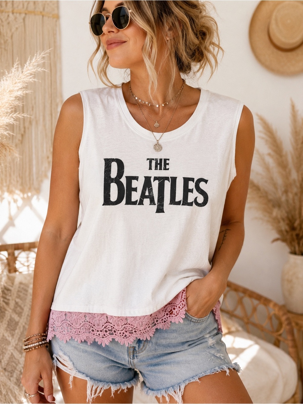 Love Tribe The Beatles Lace Hem Graphic Tank Top XL White Pink‎ Festival Boho